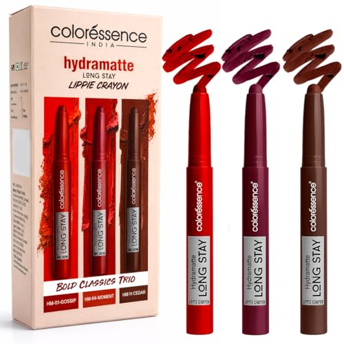 Image of Coloressence Hydra Matte Lip Crayon Lipstick, Bold Classics Trio, Combo Set of 3 Shades | Long Lasting | Matte Finish | Hydrating Formula | Smudgeproof | Sweatproof | Rich Coverage