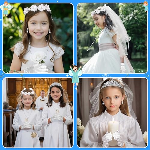 First Communion Dress for Girls Veil Wreath Necklace Bracelet Gloves Socks Earrings - 1st Holy Communion Catholic Accessories Set Wedding Party2