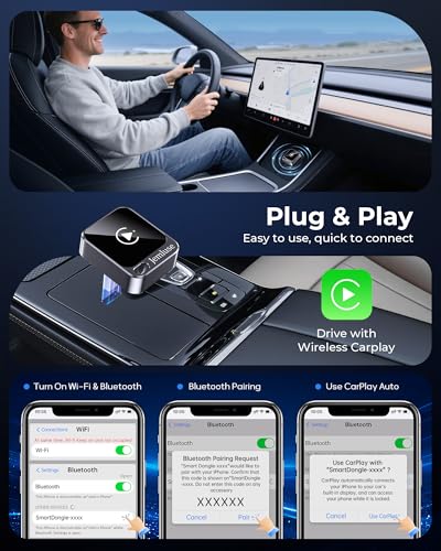 Image of Jemluse Wireless CarPlay Adapter for Apple - Mini Size, Fast Stable Connection Convert Wired to Wireless Car Play Dongle for iPhone iOS 10+, Plug & Play for Cars from 2016+ w /USB-C (Grey)