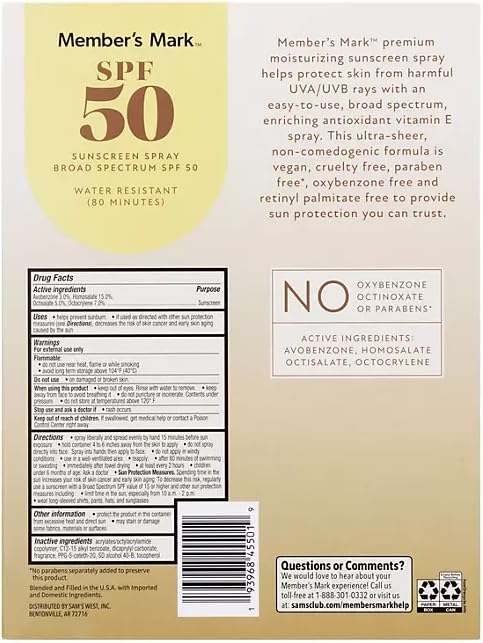 கோணல் view of Member's Mark SPF 50 Sunscreen Spray can
