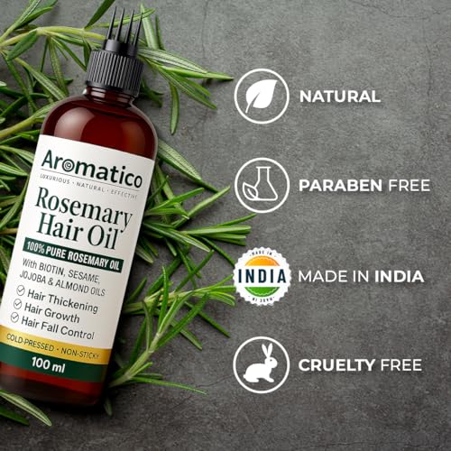 Image of AROMATICO Rosemary Hair Oil for Hair Growth & Hair Fall Control - Rosemary Oil for Hair Thickening & Scalp Health | Sesame, Jojoba & Almond | Starter Size | 100ml