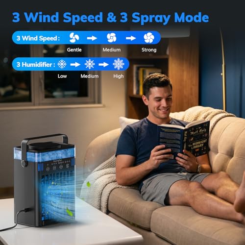 Portable Air Conditioner, Mini Air Conditioner Portable Cooling Fan with Remote Control, 3 Wind Speed & 3 Mist Level & 2-8H Timer & 7 LED Light Evaporative Air Cooler for Home Offi image 8