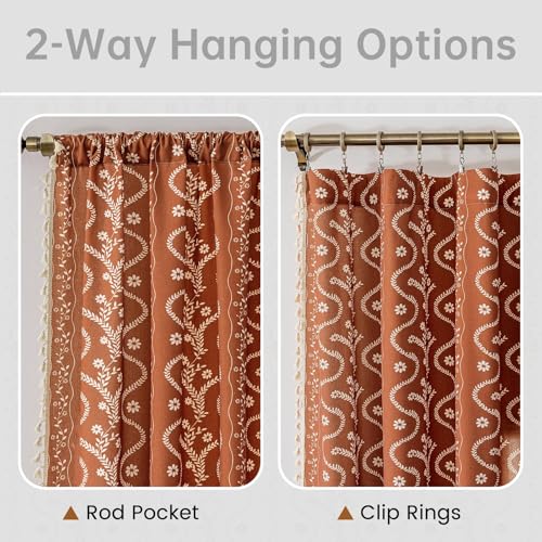 Image of Burnt Orange Curtains 96 Inch 2 Panels, Vintage Bohemian Pattern Floral Drapes Ceiling to Floor Length Hippie Window Panel Autumn Curtains for Living Room