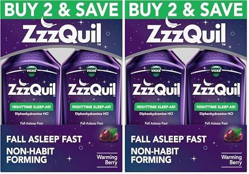 Image of ZzzQuil, Sleep Aid, Nighttime Sleep Aid Liquid, 50 mg Diphenhydramine HCl, Fall Asleep Fast, Non-Habit Forming, Warming Berry Flavor, 12 FL OZ (Pack of 4)