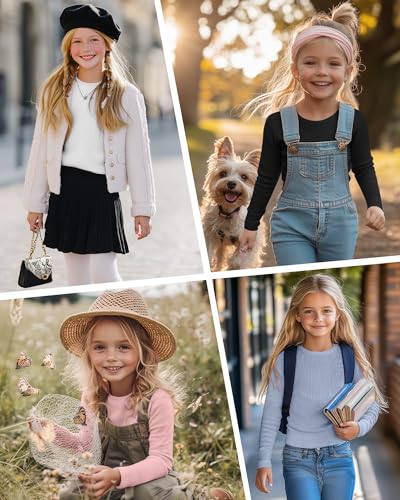 Image of 4 Pack Girls Long Sleeve Shirts Ribbed Knit Cotton Crewneck Tops Slim Fit Soft Casual Kids Base Layer Undershirts