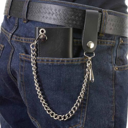 Milwaukee Leather MLW7831 Men's 4" Classic Black Plain Genuine Leather Tri-Fold Biker Wallet w/Anti-Theft Stainless Steel Chain - One Size2