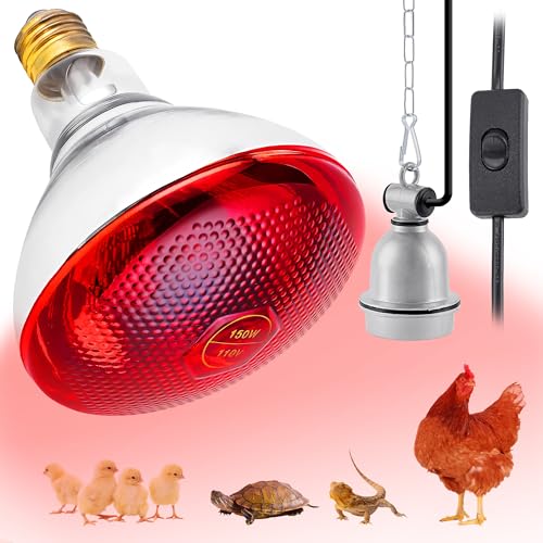 Leadinor Heat Lamp Bulb for Chickens Red Heat Lamp Infrared Light Bulb with Power Cord Hanging Chain for Chicks