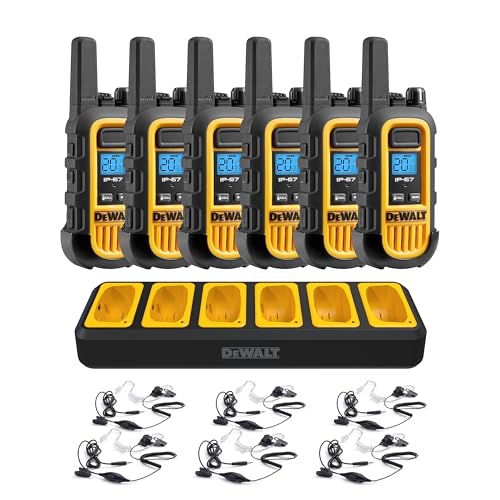 Image of DEWALT DXFRS300 FRS Walkie Talkies, Long Range 2 Way Radio, 1W, IP67 Waterproof, 6 Pack with 6 Headsets, Gang Charger, DXFRS300BCH6-SV1