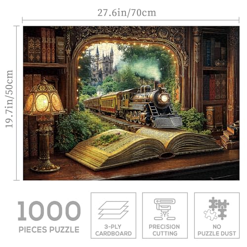Rompecabezas BBOLDIN Tren Bosque Libro 1000 piezas para adultos, Puzzle vintage mágico de plantas, castillo, estantería de fantasía, naturaleza y árboles miniatura 3