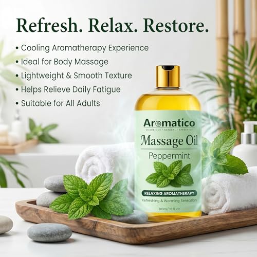 Image of AROMATICO Peppermint Massage Oil - Muscle Relaxing Oil with Cooling & Refreshing Feel, with Jojoba & Almond Oils - 300ml