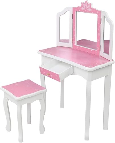 Miniatura 8 de Juego de tocador con espejo y taburete para niñas, tocador de maquillaje con cajón, mesa de tocador de princesa para niñas (estilo copo de nieve