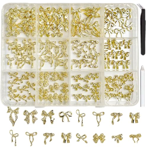 LERBOU 120Pcs 3D Gold Bow Nail Charms 12 Designs Assorted 3D Metal Bow Nail Art and Gems Kit Decorations Y2K Shiny Nail Diamond Jewelry Accessories for Women Girls