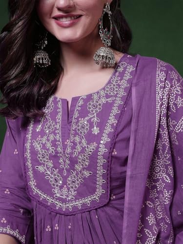 Image of PARTHVI Women's 100% Pure Cotton Anarkali Kurta Set with Pant & Dupatta | Embroidered Flared Kurta | Elegant Ethnic Suit