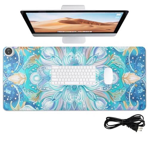Alfombrilla de mouse térmica de piel con diseño de flores azules brillantes de 31.5 x 13 pulgadas, calentador de manos para computadora, juegos de mesa, escritura