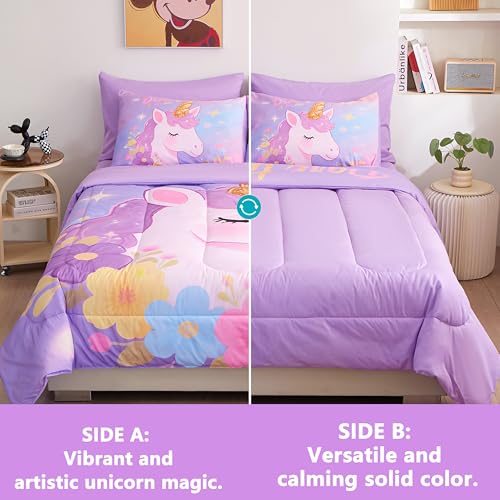 Image of Unicorn Bedding Full Size for Girls 7 Piece,3D Colorful Purple Unicorn Comforter Set for Girls, Ultra Soft and Fluffy, Flower Bed Set with Comforter Sheets Pillowcase & Sham