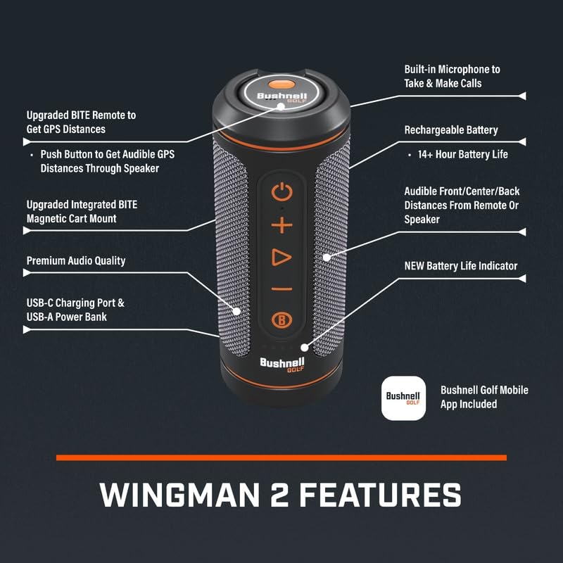 Image of Bushnell Golf Wingman 2 GPS Bluetooth Speaker | Audible Distances, Magnetic Cart Mount, Custom Sound Bites, TWS Pairing & USB-C Charging