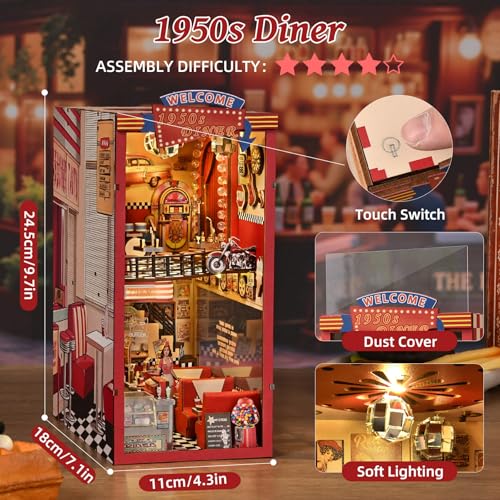 Image of fifijoy Book Nook Kit - DIY Miniature House Dollhouse Kit for Adults and Teens, Booknook Retro Diner Bookshelf Decor 3D Wooden Puzzle with LED Light, Gifts for Family and Friends (1950s Diner)