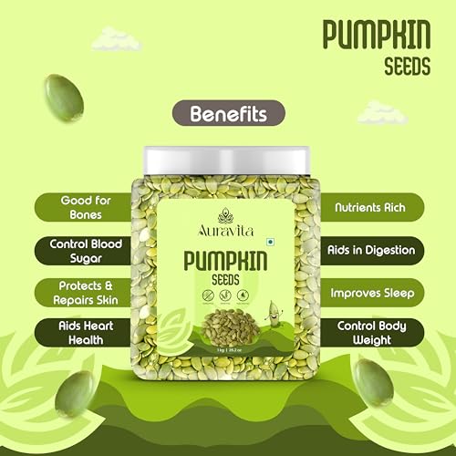 Image of Auravita Premium Pumpkin Seeds 1KG | Raw & Natural Seeds for Eating | Protein Rich Healthy Snacks | Immunity Booster Superfood for Gift | High Fiber Diet Seeds | Vegan & Gluten Free