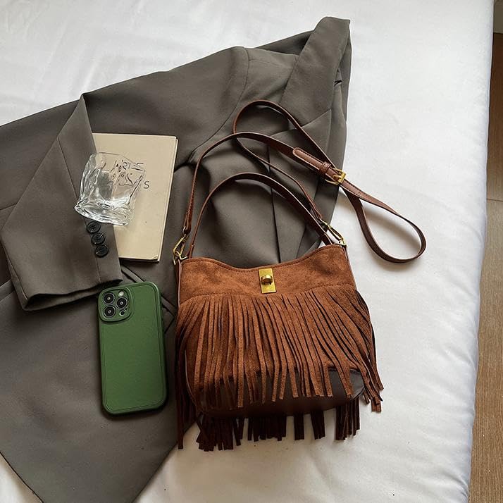 Bohemian Fringe Crossbody Bag For Women Slouchy Suede Hobo Bags Retro Crescent Hobo Bag Trendy Shoulder Purse 20254