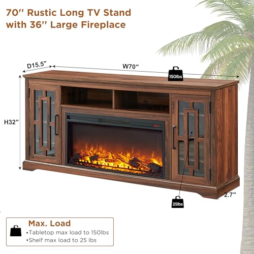 JXQTLINGMU Farmhouse Fireplace TV Stand with 36" Electric Fireplace for 80 Inch TV, 32" Tall Entertainment Center, Modern Media Console, 6 Shelves Storage Cabinet for Living Room, Brown