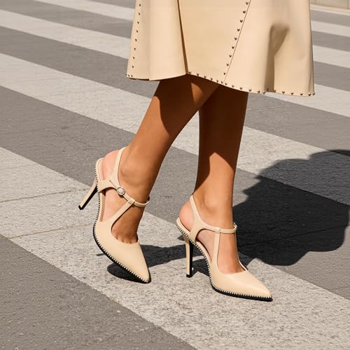 Image of SAMMITOP Womens High Heels Ankle Strap Pointed Toe Stilettos Patent Leather Beaded Pumps Dress Shoes 3.5 Inch