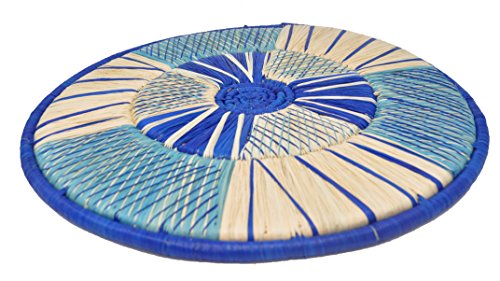 Plateau / Dessous de plat Décoratif - Raphia - Fait Main - Diam. 34 à 36 cm - Turquoise - Ouganda / Commerce équitable