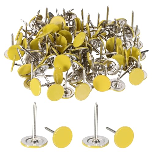 sourcing map 100Pcs Upholstery Thumb Tacks, 7/16 x 11/16 Flat Head Upholstery Push Pins Decorative Nails for Wood Wall Furniture, Light Yellow
