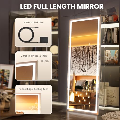 Image of Pertetey 75x28 Inch LED Full Length Mirror with Lights, White Frame Dimmable & 3 Color Modes Floor & Wall Mounted Long Mirror