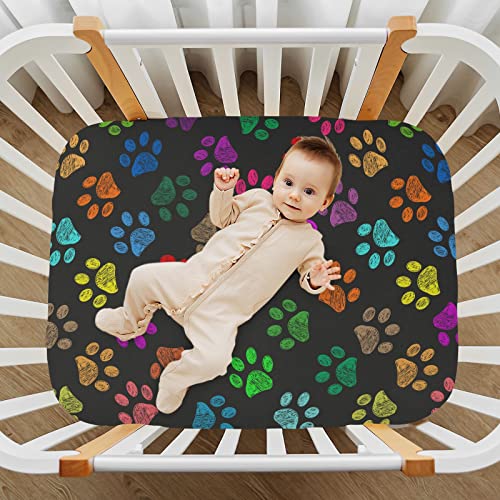 Image of Fitted Crib Sheets Colorful Dog Paws Stretchy Portable Playard Sheets for Baby Toddler, Breathable Soft Mini Crib Mattress 39 x 27 in for Boys and Girls