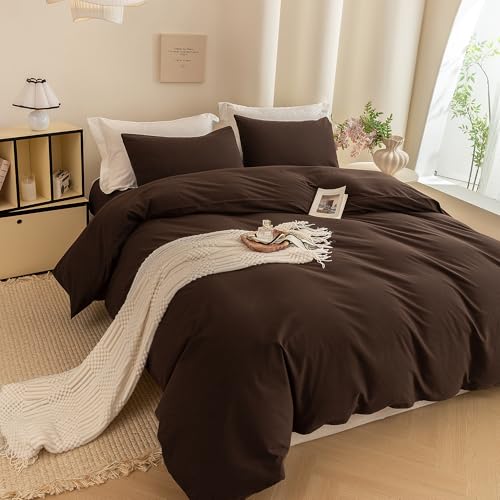 Image of ECOCOTT Duvet Cover King Size -100% Washed Cotton Linen Like Textured Breathable Durable Soft Comfy Bedding Set with Zipper Closure & Corner Ties (Cocoa Brown, 104 inchx90 inch)