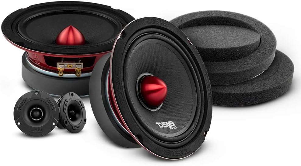 DS18 PRO-X6.4BMPK with DSFR6 Mid and High Complete Speaker/Tweeter Package with Pair of Car Foam Fast Rings - Door Speakers for Car of Truck Stereo Radio Sound System w Sound Enhancing Speaker Baffle