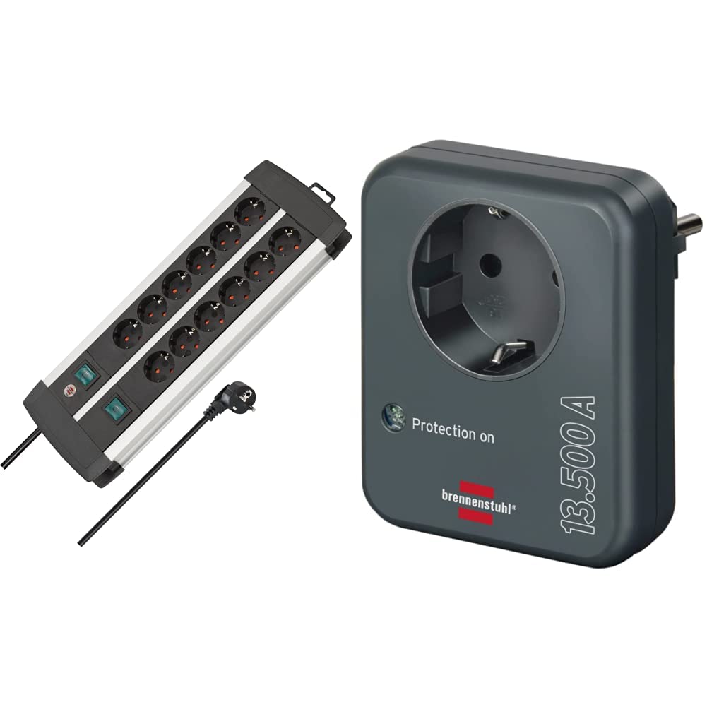Brennenstuhl Premium-Alu-Line, Steckdosenleiste 12-Fach, Silber/schwarz & Steckdosenadapter mit Überspannungsschutz 13.500 A (Adapter als Blitzschutz für Elektrogeräte) anthrazit
