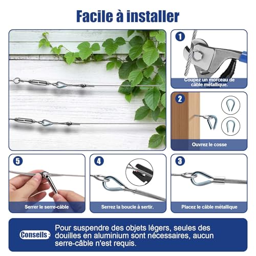 Angooni Kit de câble en acier 74 pièces, câble en acier inoxydable épaissi de 3 mm, 35 m, tendeur, tendeur de câble, kit en acier inoxydable 304, supports pour plantes grimpantes – vue 5