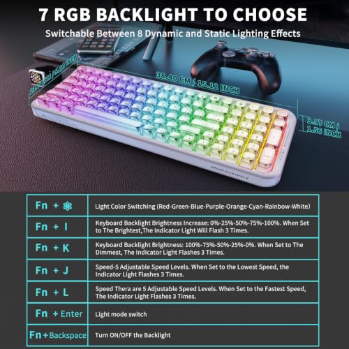 Image of FOPETT Wireless Computer Keyboard with RGB Backlit, Tri-Mode Bluetooth 5.0 /USB-C /2.4GHz Ergonomic Gaming Keyboard - Full-Size Rechargeable Transparent Keycap for Laptop /Windows /PC - White