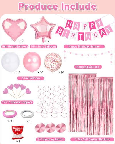 Image of Pink Happy Birthday Party Decorations with Banner Balloons for Women Girls