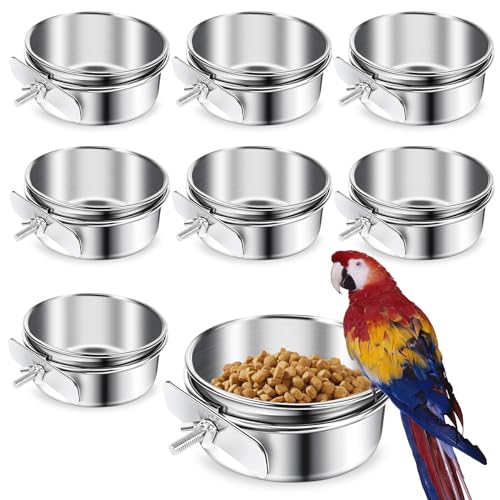 ToLanbbt 8 Pcs Stainless Steel Bird Food Bowls Bird Water Bowls with Clamp Holder, Parrot Feeding Dish Cups Parrot Cage Coop Feeders for Cockatiel Conure Budgie Parakeet Macaw Lovebird Small Animal, S