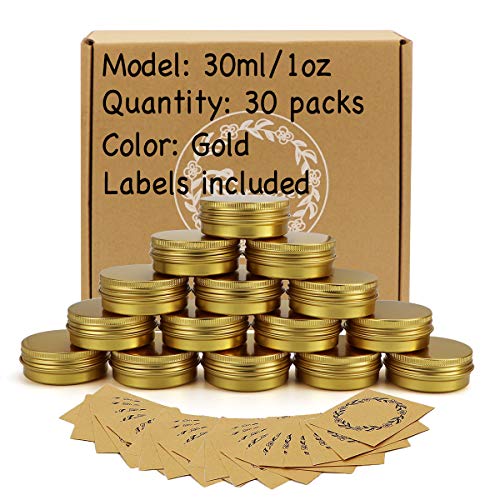 Screw Top Gold Aluminum Tin Jar with Screw Lid and Blank Labels - 30pcs, 1oz