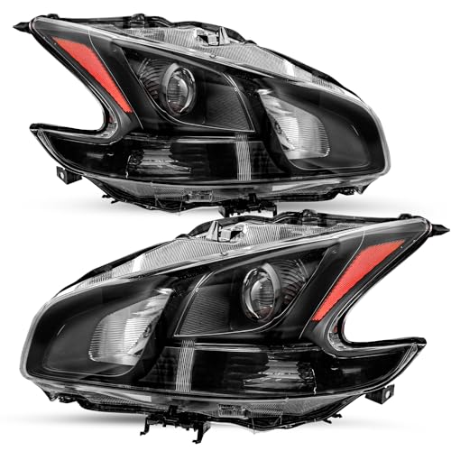SOCKIR Halogen Headlight Assembly Compatible with 2009-2014 Nissan Maxima 4-Door Headlamp Driver and Passenger Side Black Housing Amber Reflector