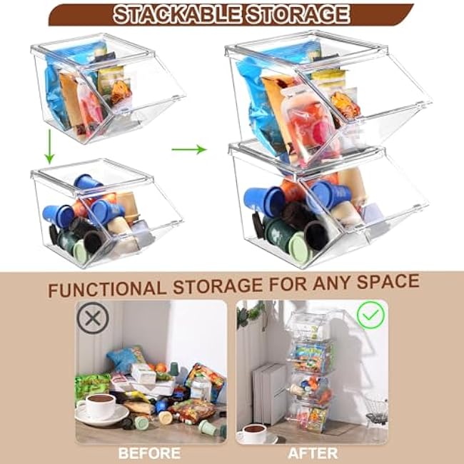 Yerliker Clear Plastic Storage Bins with Lids Large Stackable Pantry Storage Organizer Bins Kitchen Organization Cabinet Organizers Ideal Containers for Fridge, Kitchen, Cabinets, Bathroom (4 Pcs)