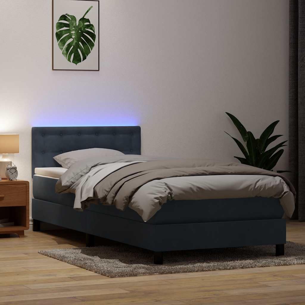Aksamitny z materacem sprężynowym LED 80x210 cm Szary | Łóżko kontynentalne 80x210 z materacem kieszeniowym, LED i zagłówkiem, ciemnoszary aksamit, nowoczesne do sypialni