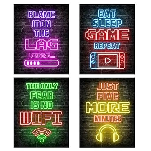 Nhemeylp Juego de 4 pósteres de videojuegos, papel tapiz de neón para habitación de niños, arte de pared sin marco para dormitorio de niños, decoración del hogar, 8 x 10 pulgadas (patrón C) | Ya disponible en tu tienda friki favorita! En mundofriki.es!