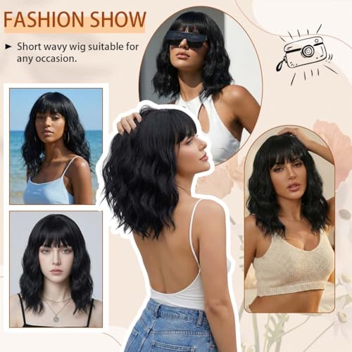 Image of Pastel Black Wavy Bob Wig for Women, Short Shoulder Length Synthetic Wig with Bangs, Natural Looking Lightweight Hairpiece for Daily Wear & Cosplay Costume Party