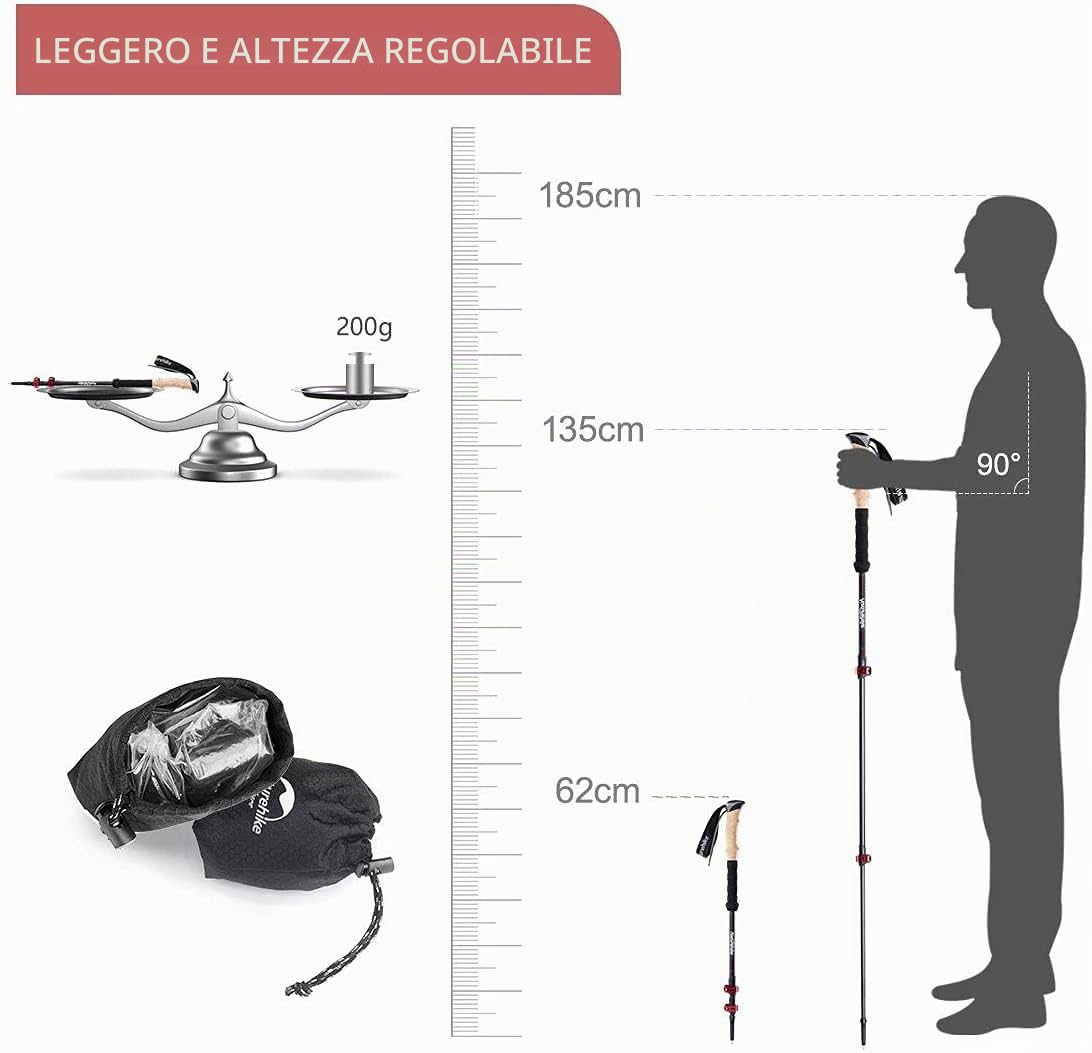 Naturehike Fibra di Carbonio Trekking Pole-pieghevole palo Telescopico con Manico in Sughero Naturale e Manico EVA Estesa palo Trekking Ultraleggero