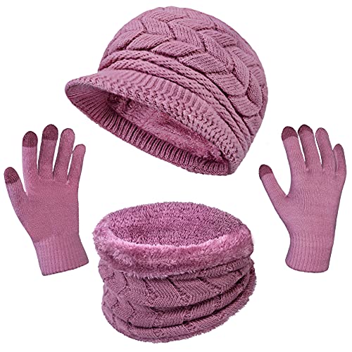 Image of 3-Pieces Winter Hat Gloves Scarf Set, Knit Warm Beanie Hat Neck Warmer Touch Screen Mittens for Women