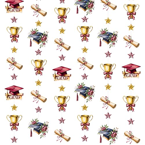 Image of Maroon Gold Graduation Party Hanging Streamer Floral Burgundy Gold Star Grad Cap Garland Banner for Congrats Grad Class of 2026 You Did It We are So Proud of You Themed Party Decorations Supplies