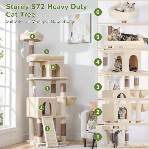 Image of Globlazer Heavy Duty Cat Trees for Large Cats, Sturdy 72in Maine Coon Cat Tree for Large Cat 20 lbs+ Heavy Duty Cat Tower for Adult Biggest Cats with 6 Scratching Posts, Hammock, S72, Beige