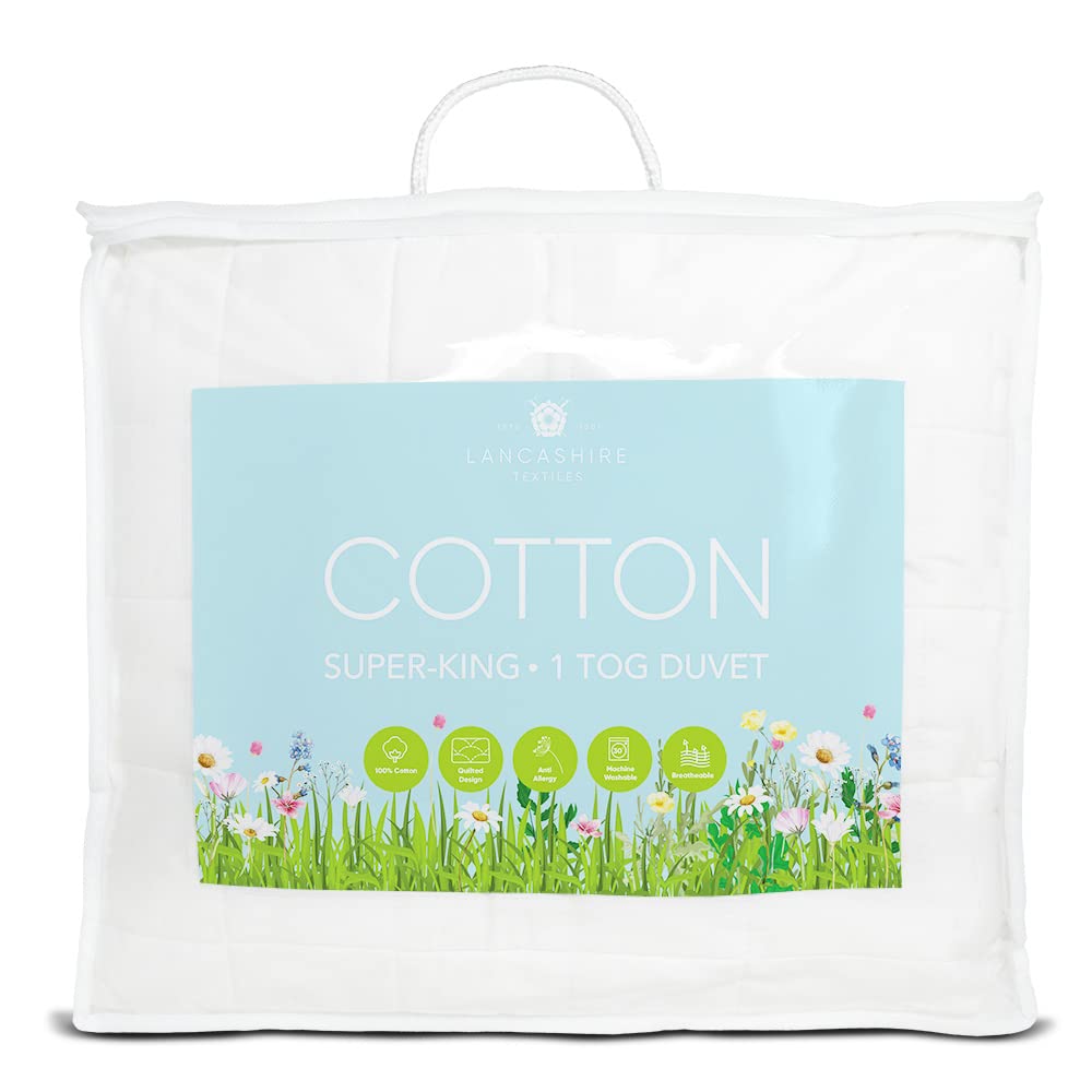Lancashire Textiles White 1 Tog Pure Cotton Summer Duvet - Hypoallergenic Lightweight Breathable For Hot Sleepers, Super King, 260 X 220 Cm 100% Cotton, Allergy-Friendly Bedding