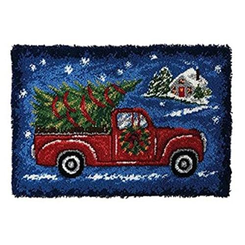 Image of LUBOT Christmas Latch Hook Kits for Adults Rug Pillow Cover with Printed Canvas Pattern Crochet Kit for Beginners Truck 20 inch*15 inch