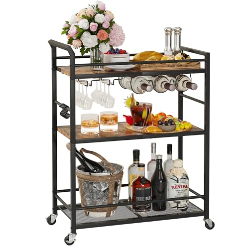 YAUKTAK Chariot de Bar Desserte pour Boissons Chariot de Service à 3 Niveaux sur roulettes Chariot de Cuisine Roulant pour La Fête à la Maison Brun Rustique...