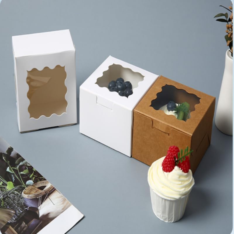 窓付きクッキーボックス50個、4x4x2.5インチ ホワイトベーカリーボックス、ステッカー付き、個々のカップケーキ容器を簡単に組み立
